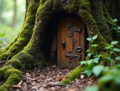 Miniature Wooden Fairy Door Set In Mossy Tree Trunk