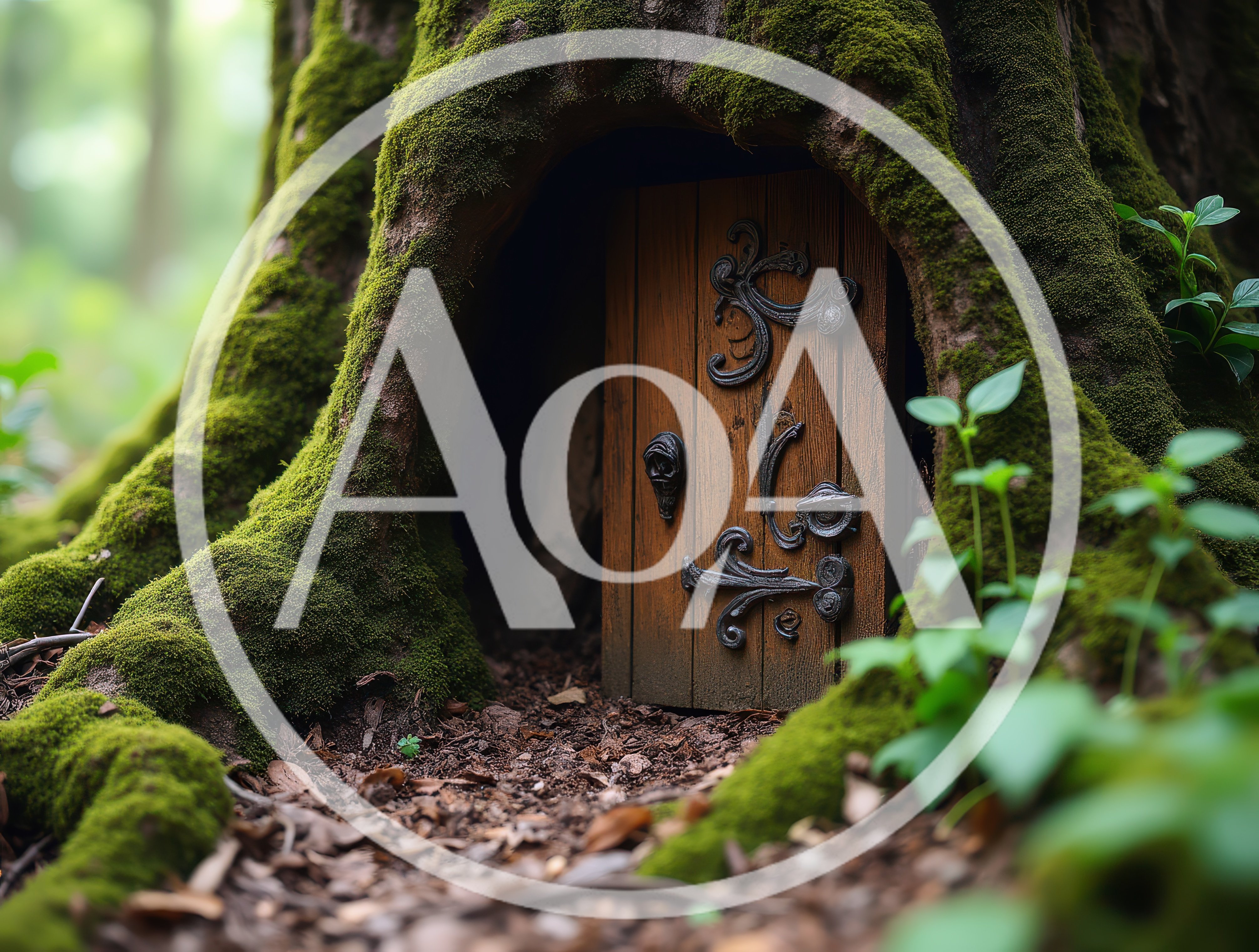 Miniature Wooden Fairy Door Set In Mossy Tree Trunk