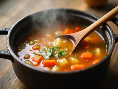 Steaming Vegetable Soup In A Cast Iron Pot