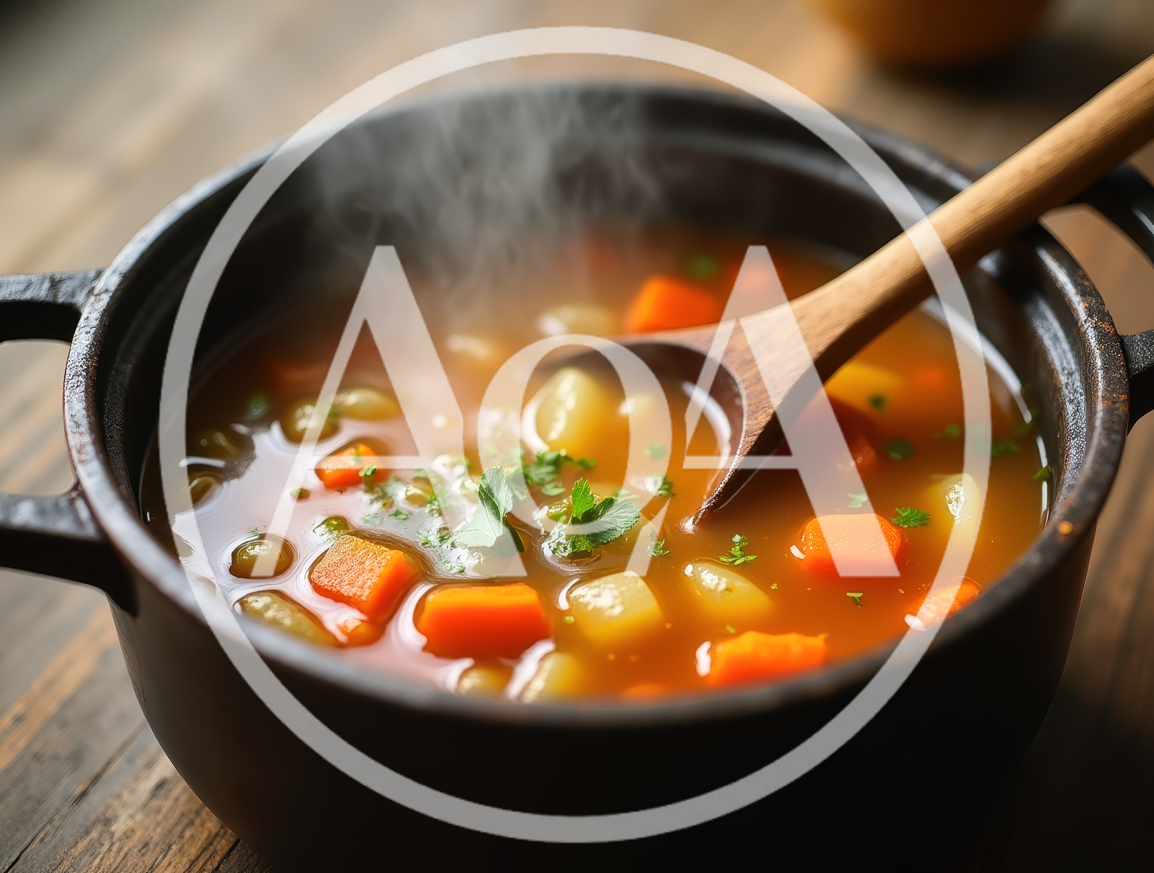 Steaming Vegetable Soup In A Cast Iron Pot