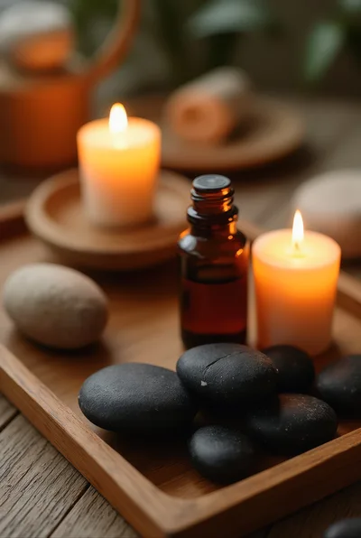 Spa Relaxation Setting With Essential Oil And Stones