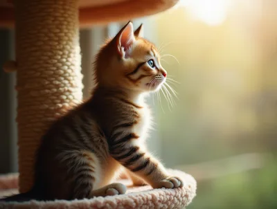 Cute Tabby Kitten Sitting On A Cat Tree