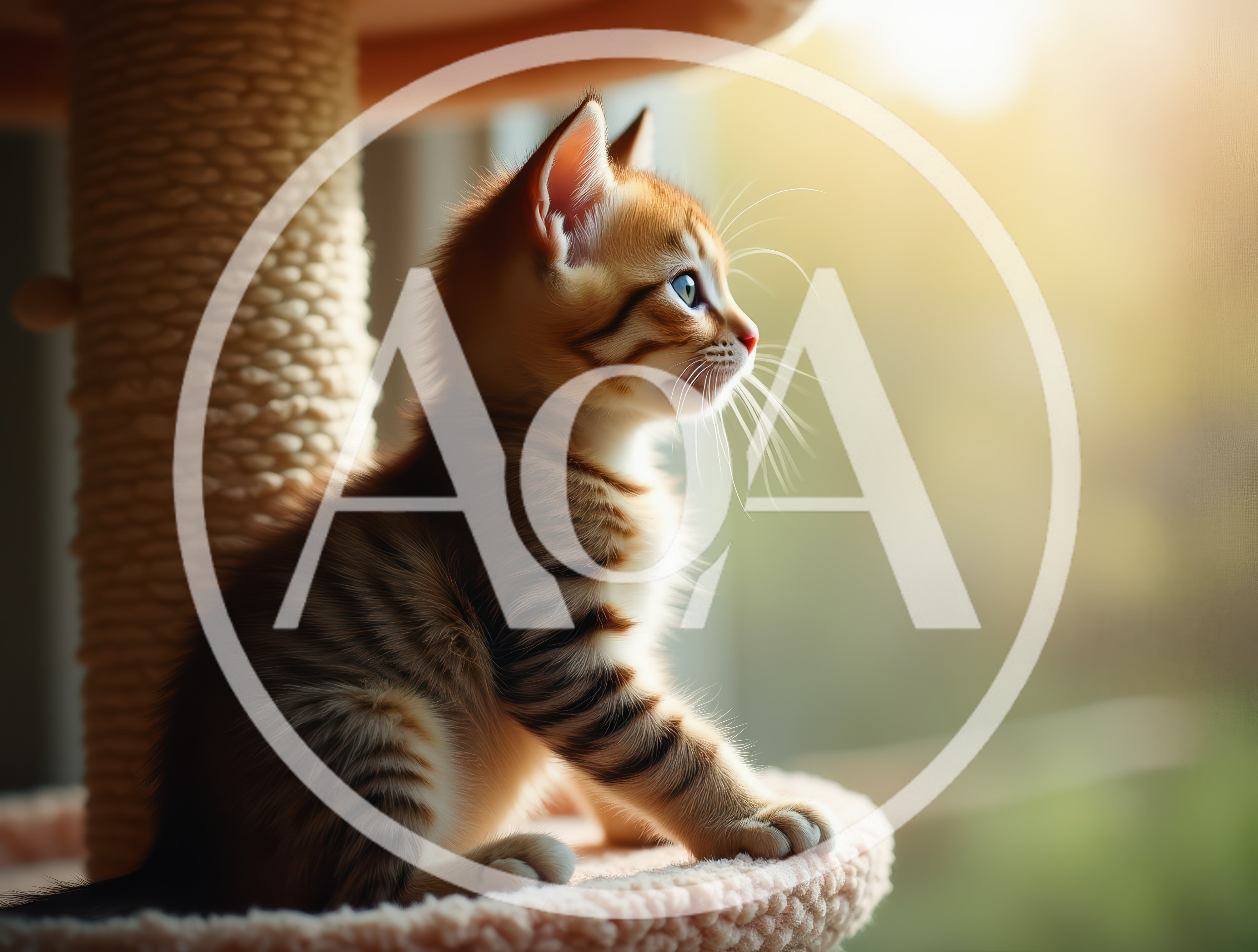 Cute Tabby Kitten Sitting On A Cat Tree