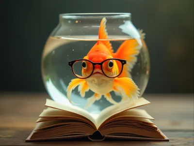 Goldfish Wearing Glasses Inside A Fishbowl On A Book