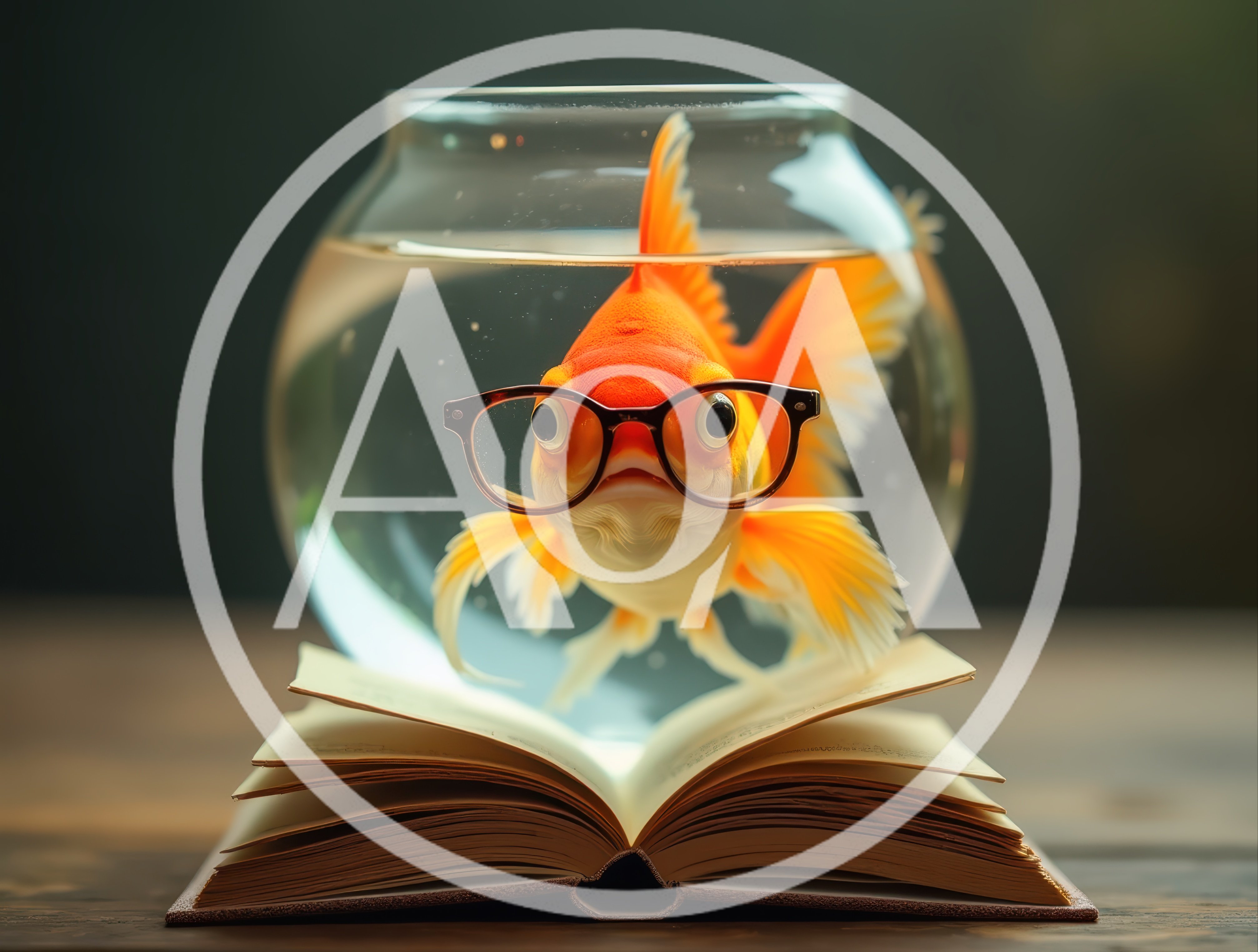 Goldfish Wearing Glasses Inside A Fishbowl On A Book