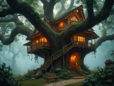 Enchanted Wooden Treehouse In A Misty Forest
