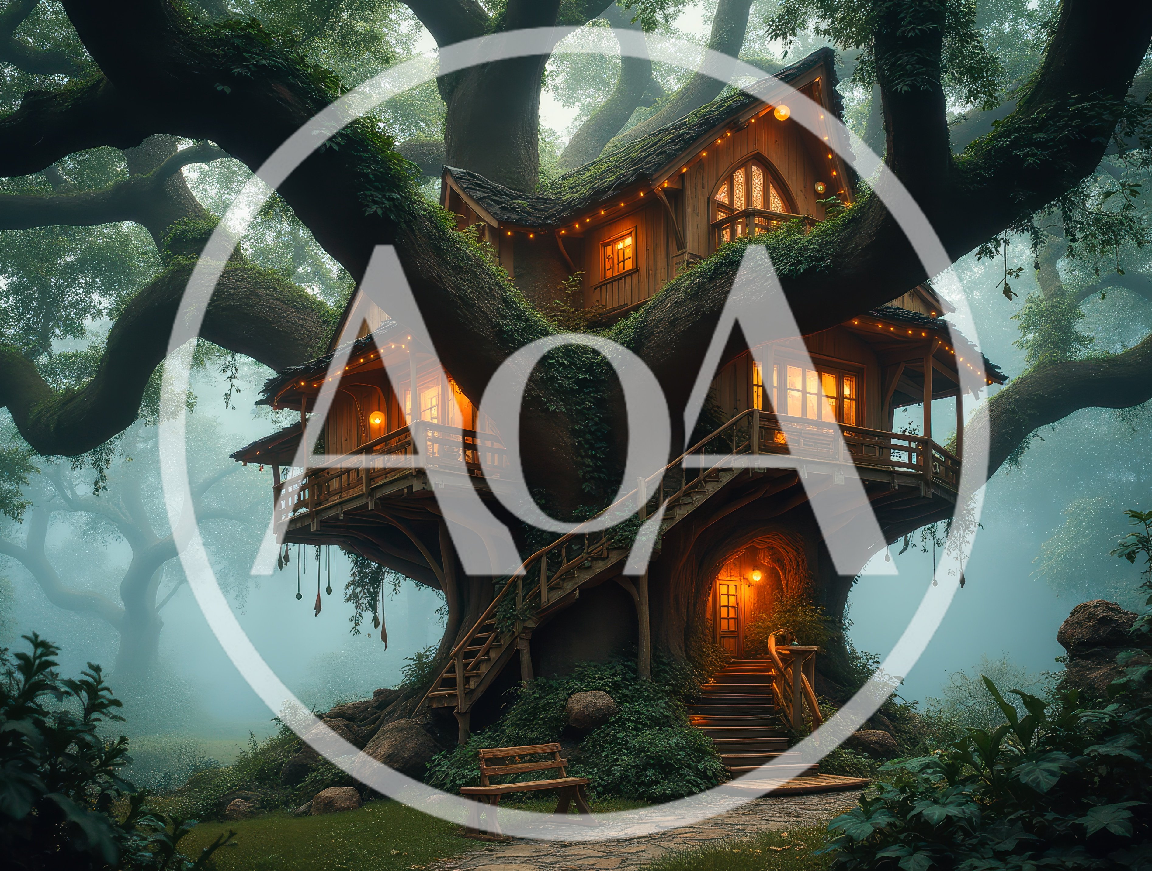 Enchanted Wooden Treehouse In A Misty Forest