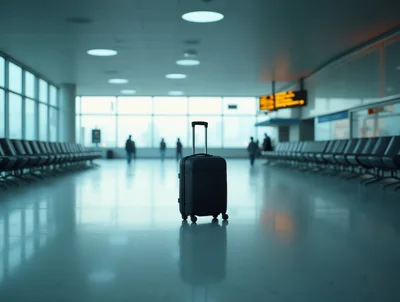 Black Suitcase Standing Alone In An Empty Airport Terminal