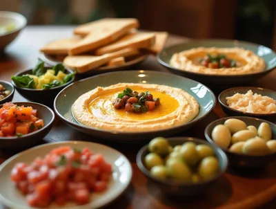 Middle Eastern Mezze Platter With Hummus And Sides