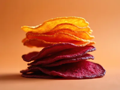 Stack Of Colorful Vegetable Chips On Orange Background