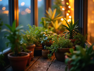 Potted Plants On A Window Sill At Twilight