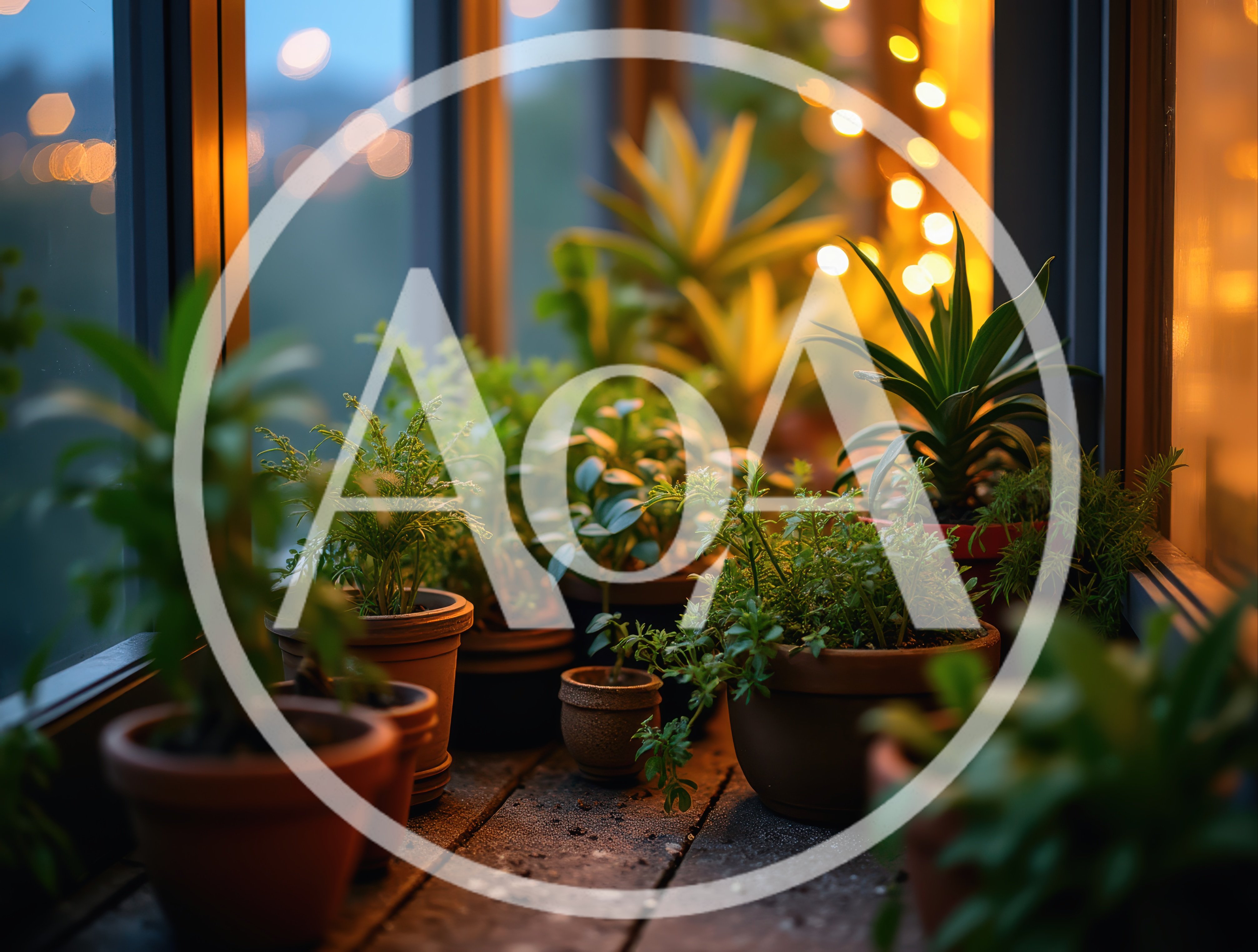 Potted Plants On A Window Sill At Twilight
