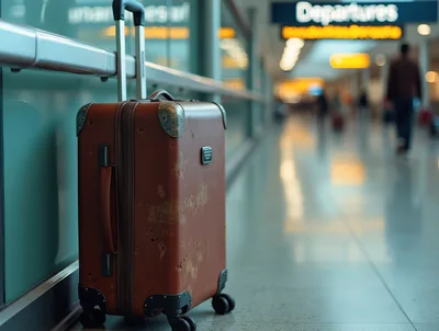 Worn Brown Suitcase Standing In Airport Terminal