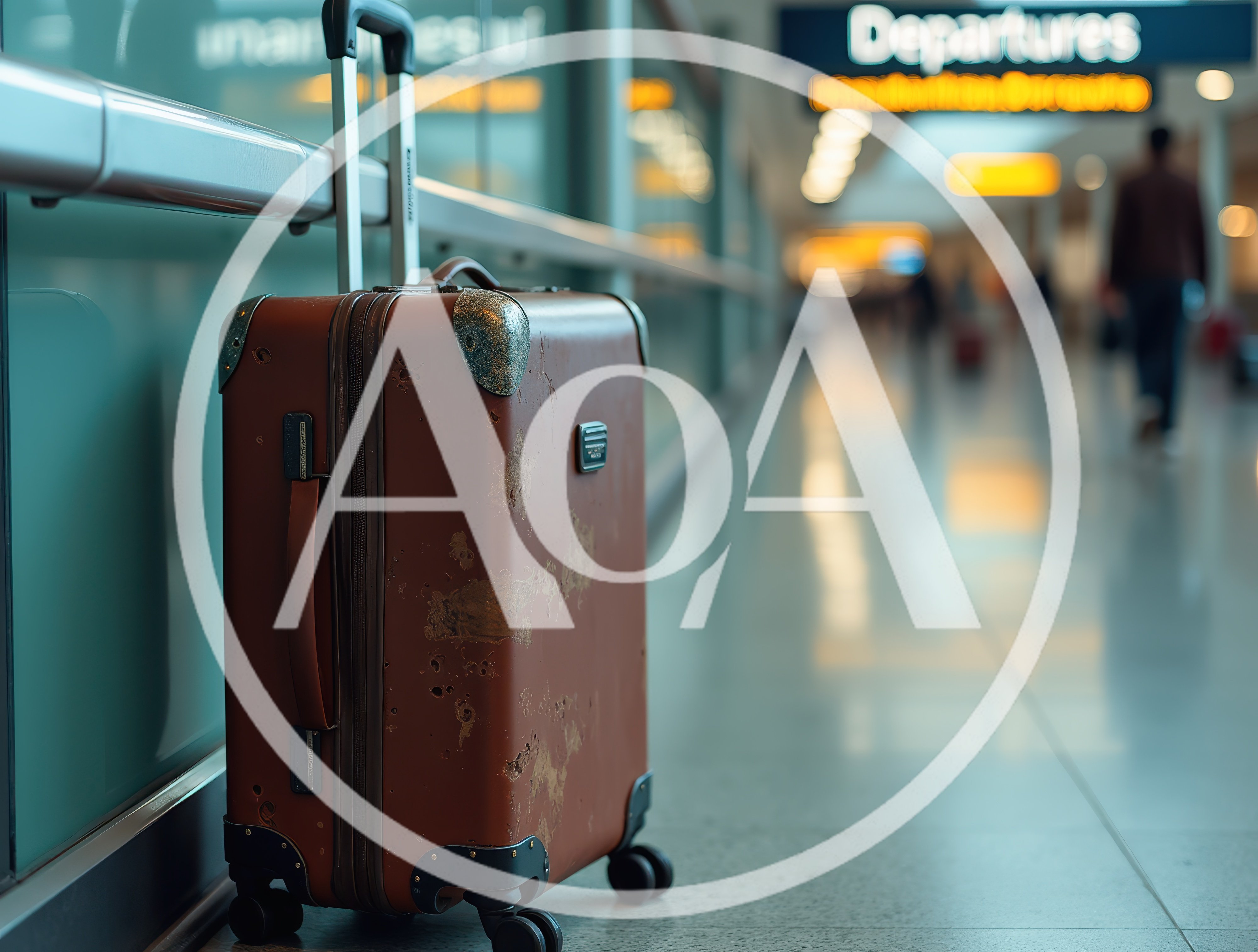 Worn Brown Suitcase Standing In Airport Terminal