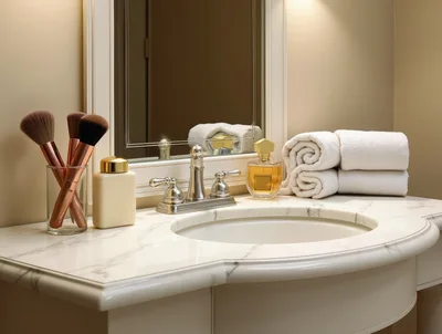 Elegant Bathroom Vanity With Makeup Brushes And Towels
