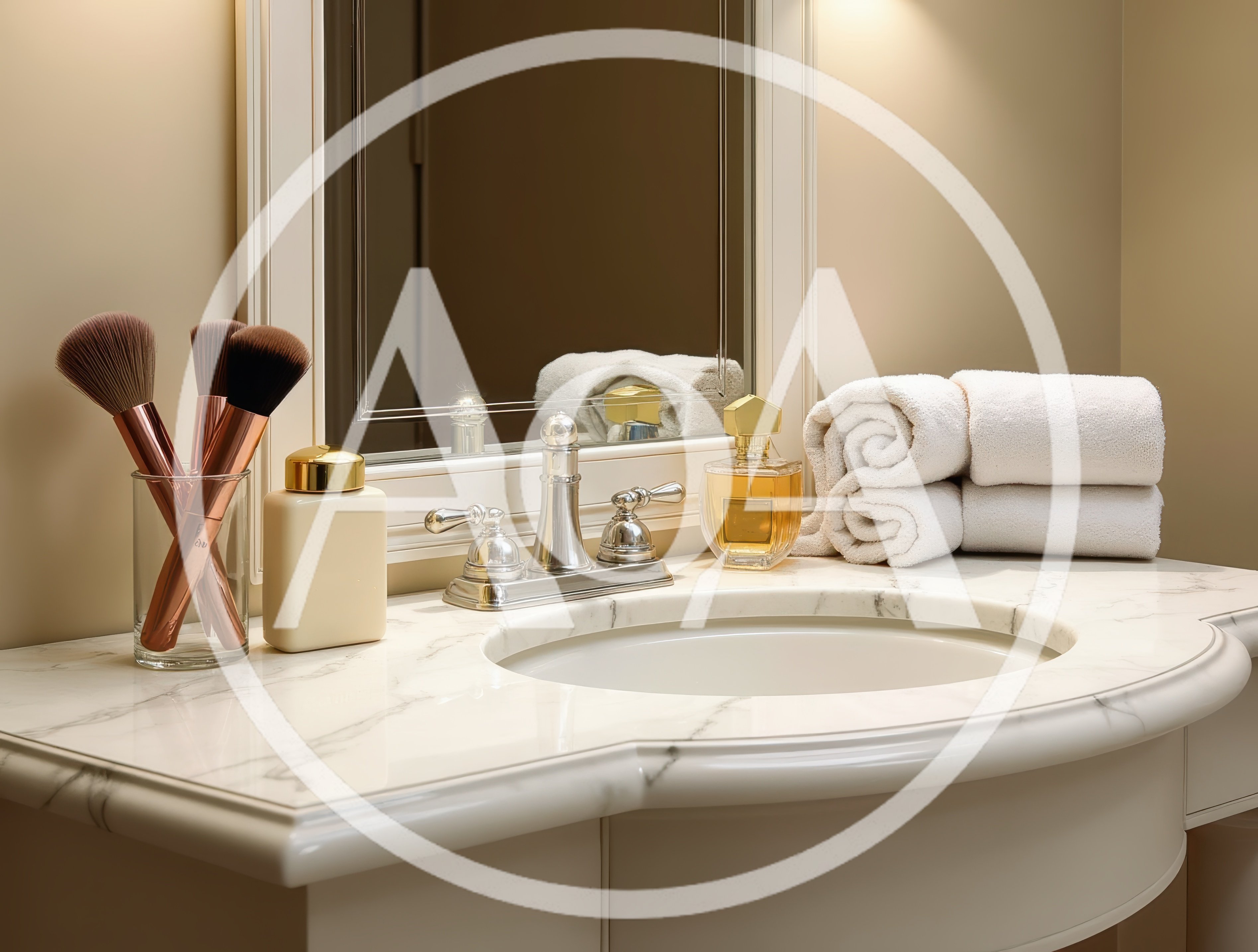 Elegant Bathroom Vanity With Makeup Brushes And Towels