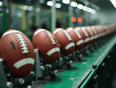 American Footballs Moving Along A Factory Assembly Line