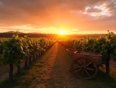 Wooden Cart In A Vineyard At Sunset