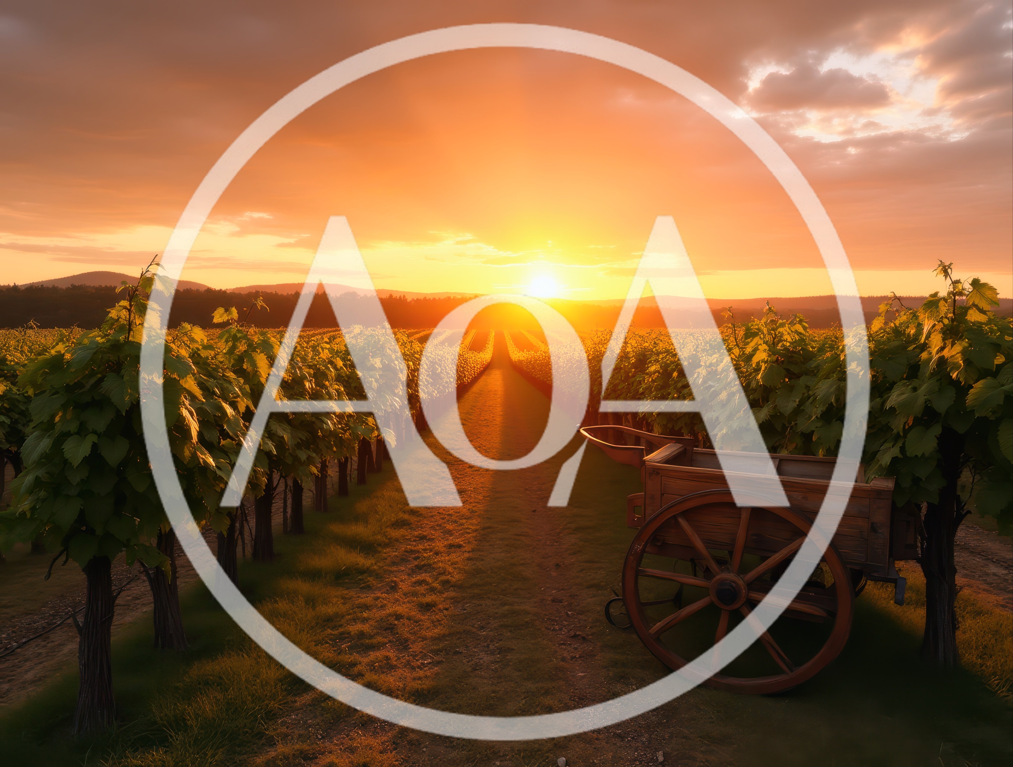 Wooden Cart In A Vineyard At Sunset