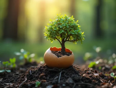Small Tree Growing From A Cracked Eggshell