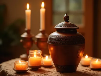 Funeral Urn With Lit Candles On A Table