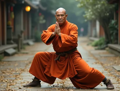 Shaolin Monk Practicing Martial Arts In Traditional Temple Courtyard