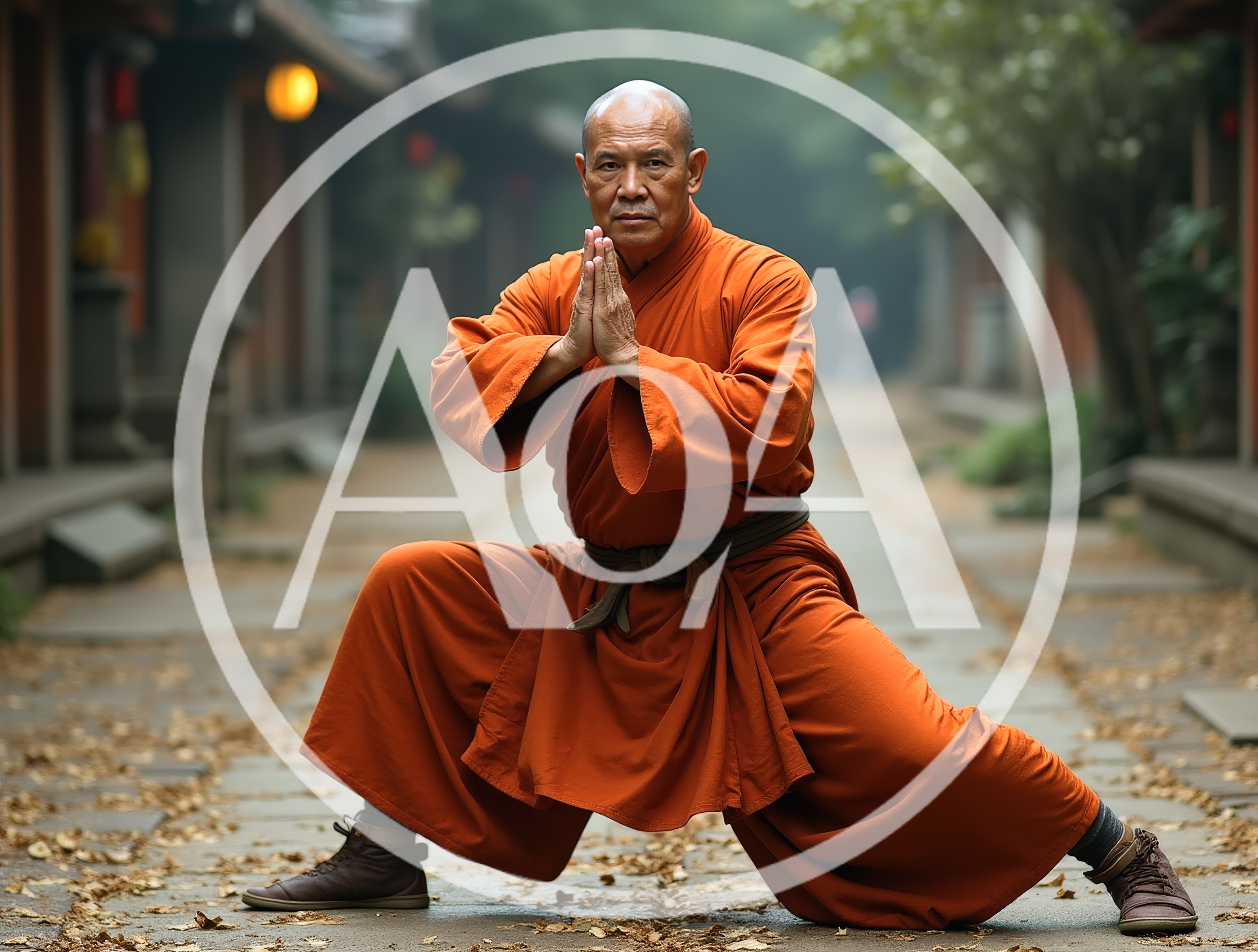Shaolin Monk Practicing Martial Arts In Traditional Temple Courtyard