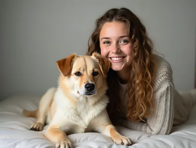 Young Woman Cuddling With Her Dog On A Bed