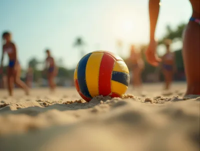 Volleyball Resting On Sandy Beach During Sunset