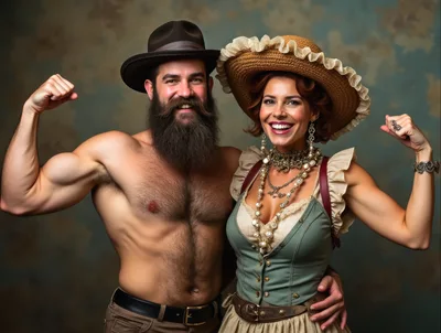 Muscular Bearded Man and Woman Posing in Western Attire