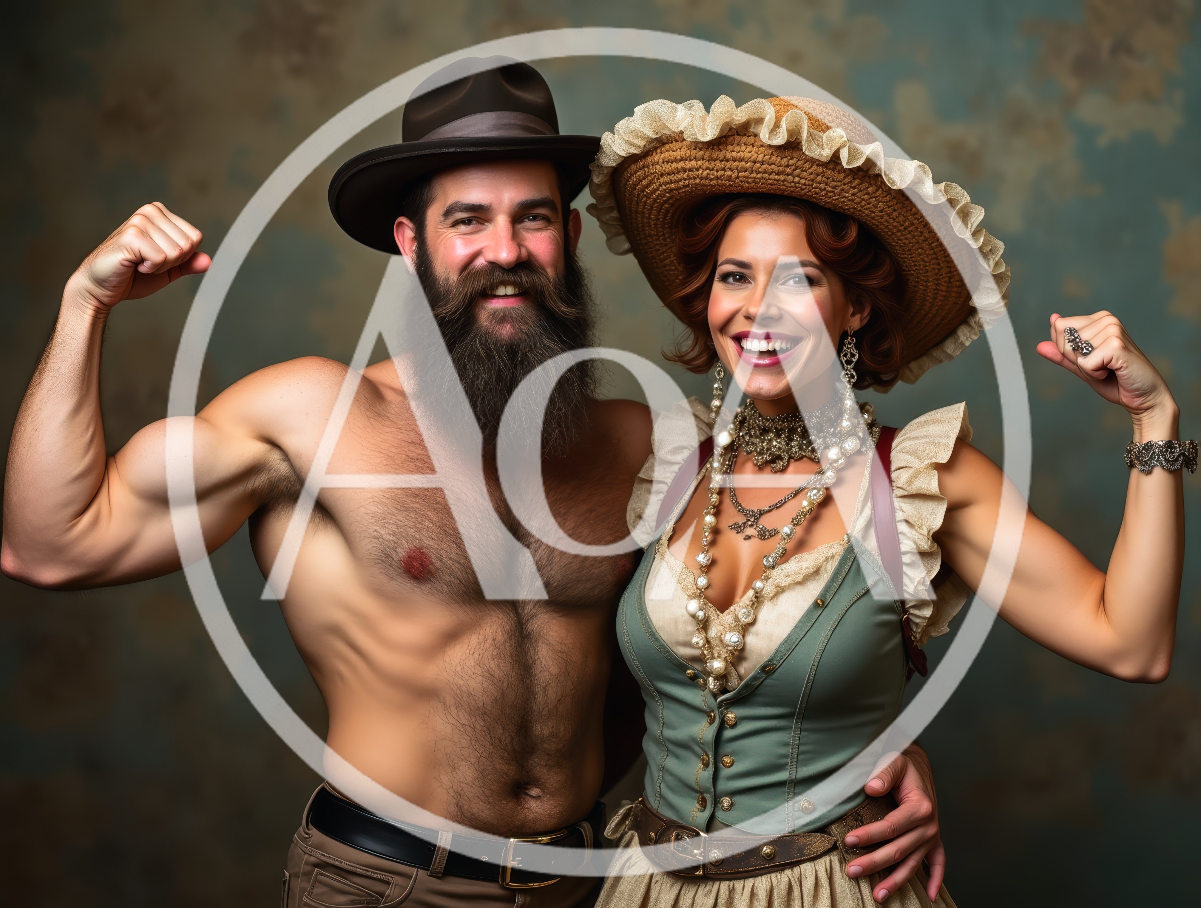 Muscular Bearded Man and Woman Posing in Western Attire