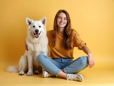 Happy Young Woman Sitting With Her White Dog