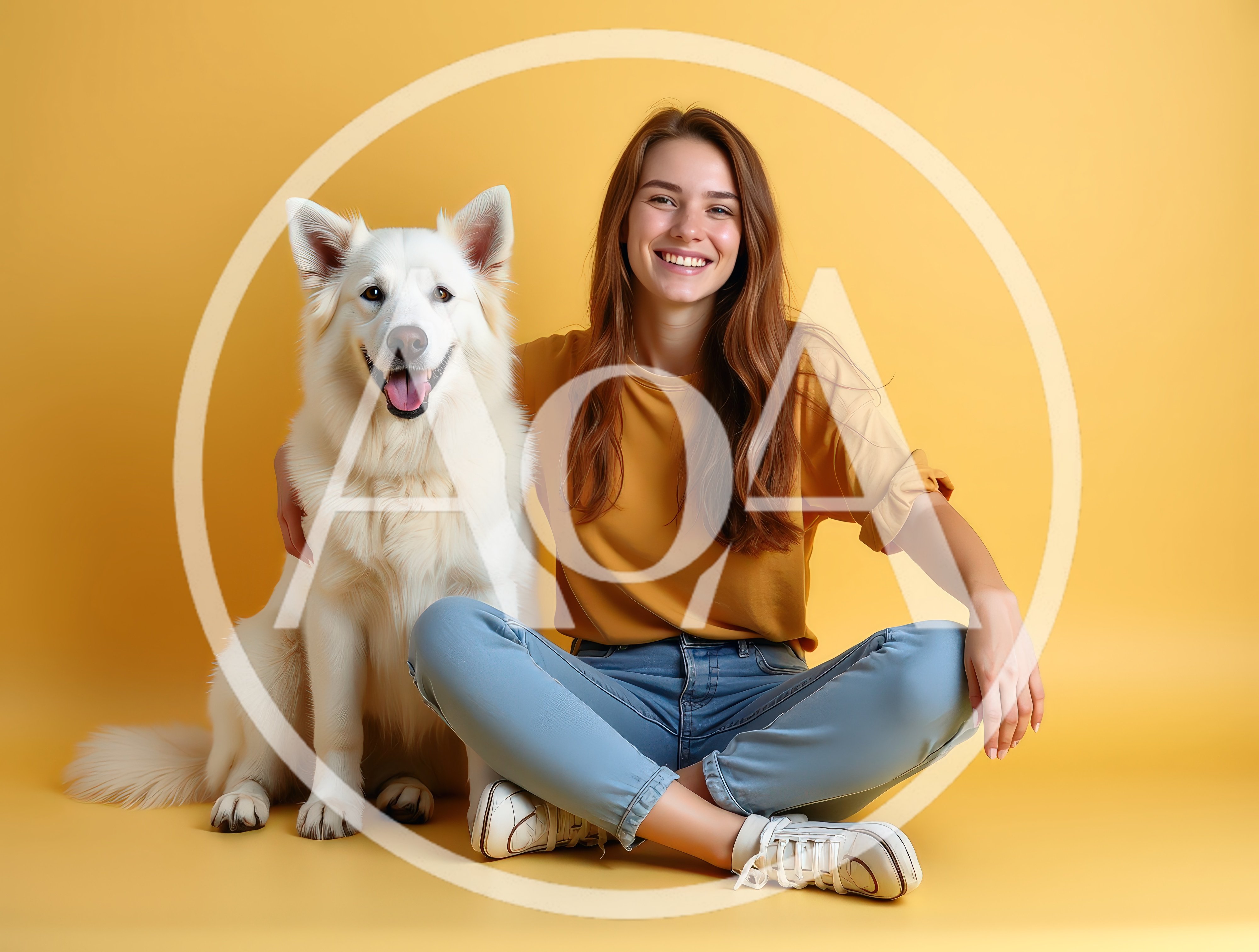 Happy Young Woman Sitting With Her White Dog