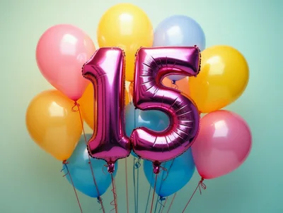 Pink Number Fifteen Foil Balloons With Colorful Latex Balloons
