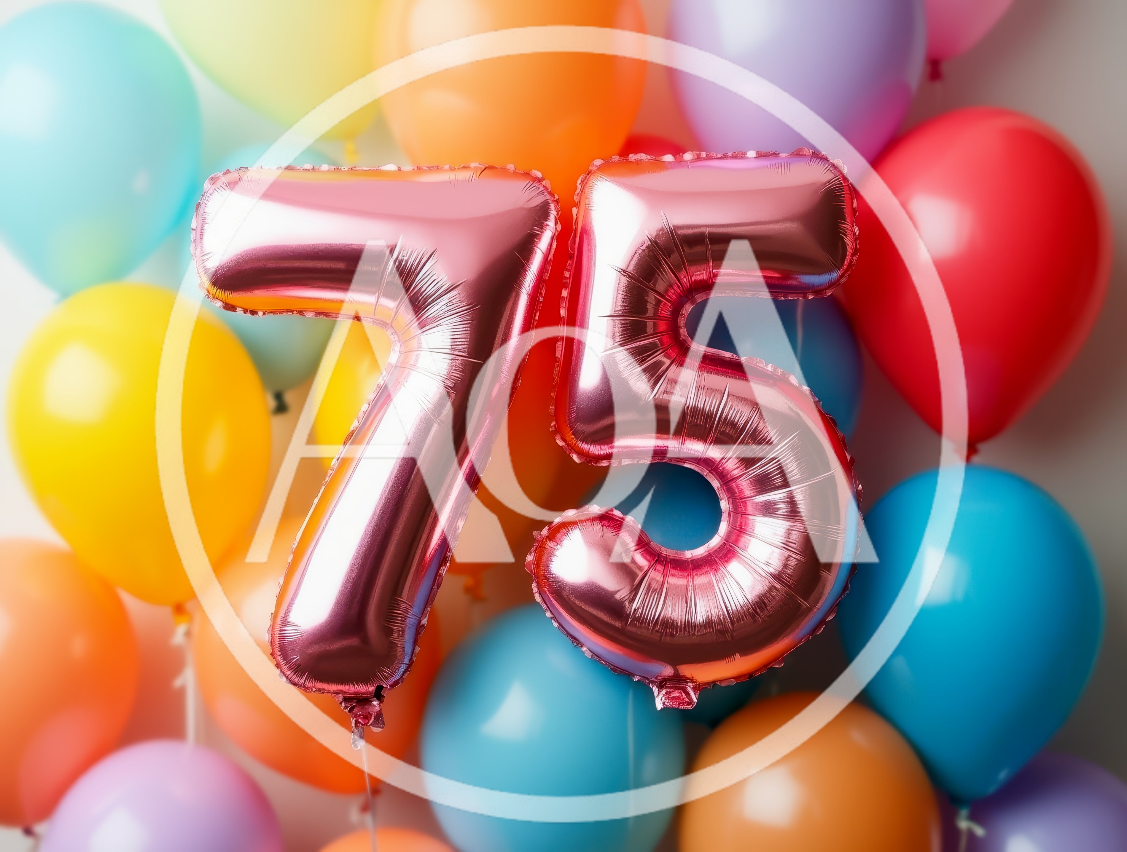 Rose Gold Number 75 Balloons Against Colorful Background