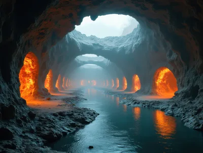 Mystical Underground Cavern With Glowing Lava Alcoves