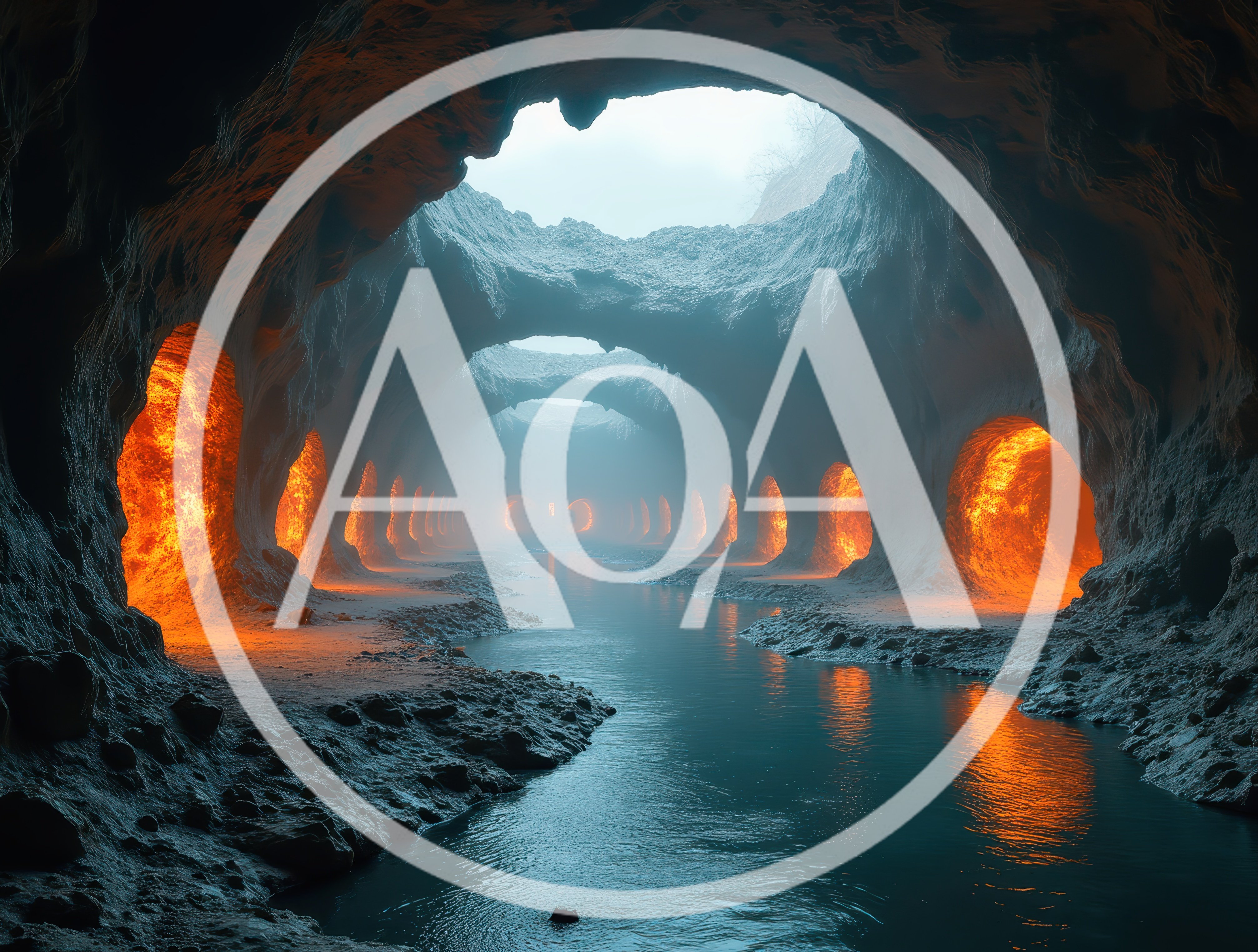 Mystical Underground Cavern With Glowing Lava Alcoves