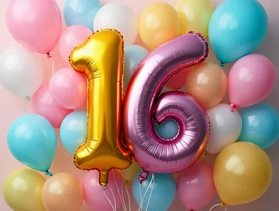 Gold and Pink Number Sixteen Balloons