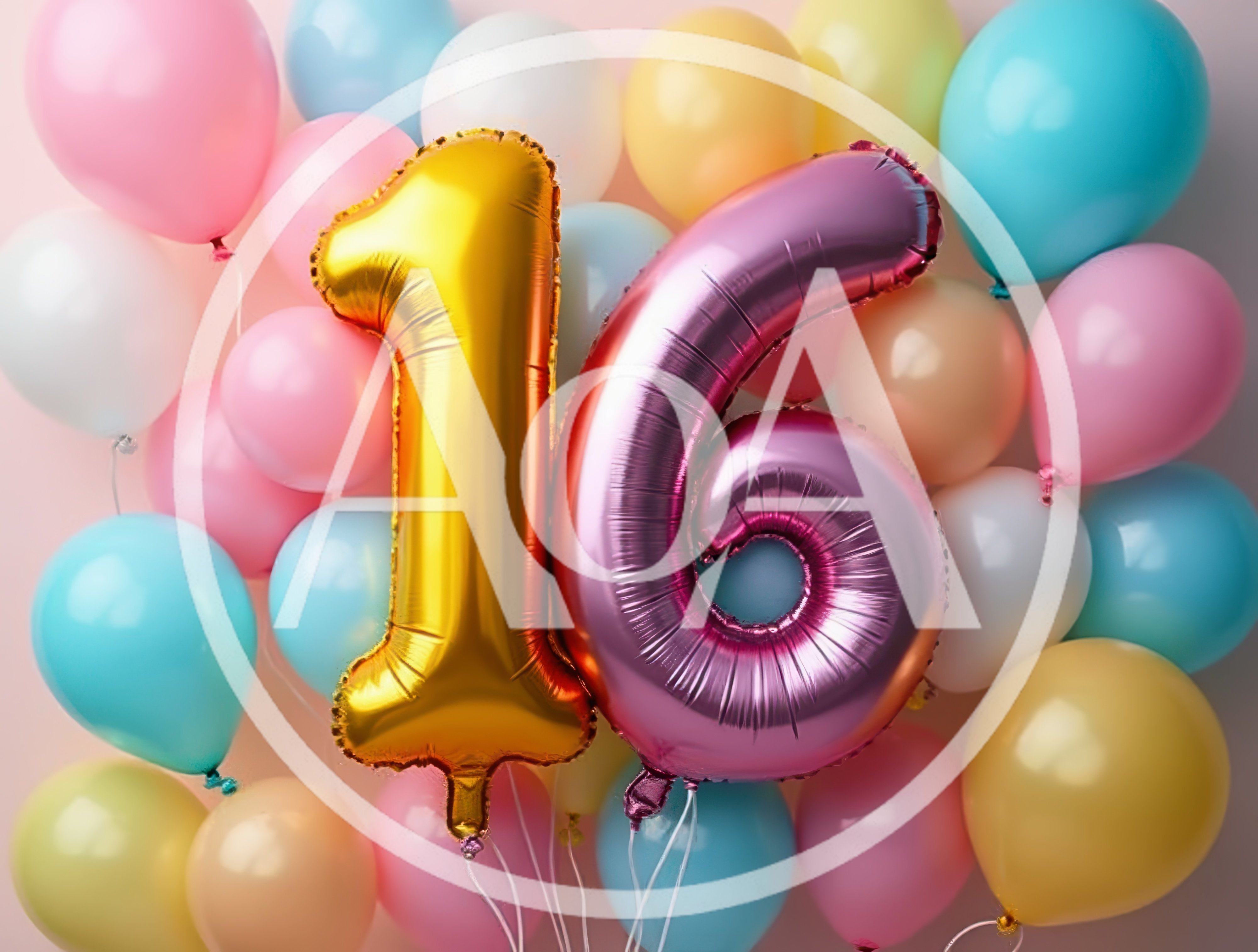 Gold and Pink Number Sixteen Balloons