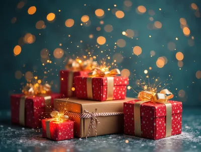 Festive Red Gift Boxes With Golden Sparkles