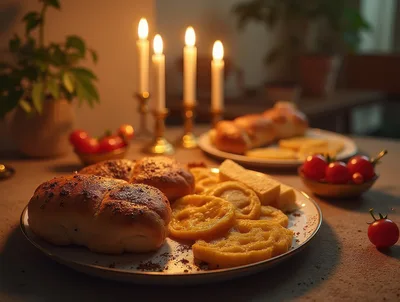 Cozy Candlelit Dinner Table With Fresh Bread And Tomatoes