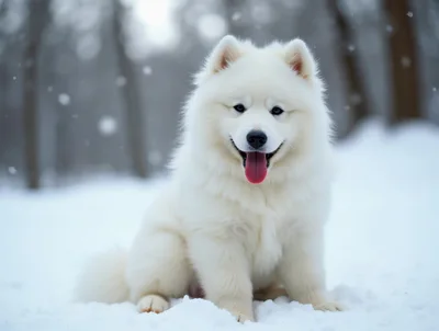 Fluffy Samoyed Dog Sitting In Snowy Forest