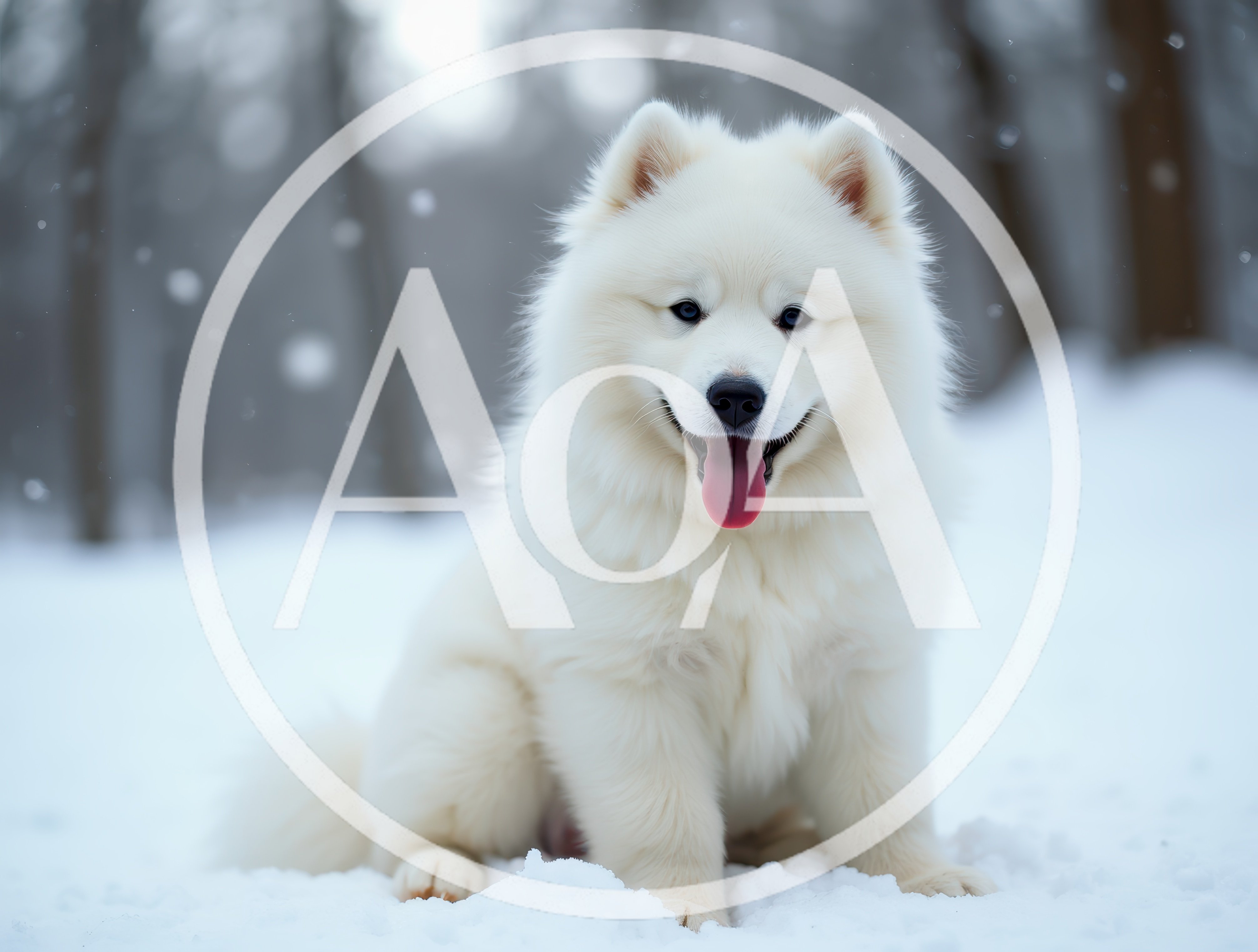 Fluffy Samoyed Dog Sitting In Snowy Forest