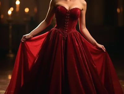Woman In Elegant Red Velvet Ball Gown