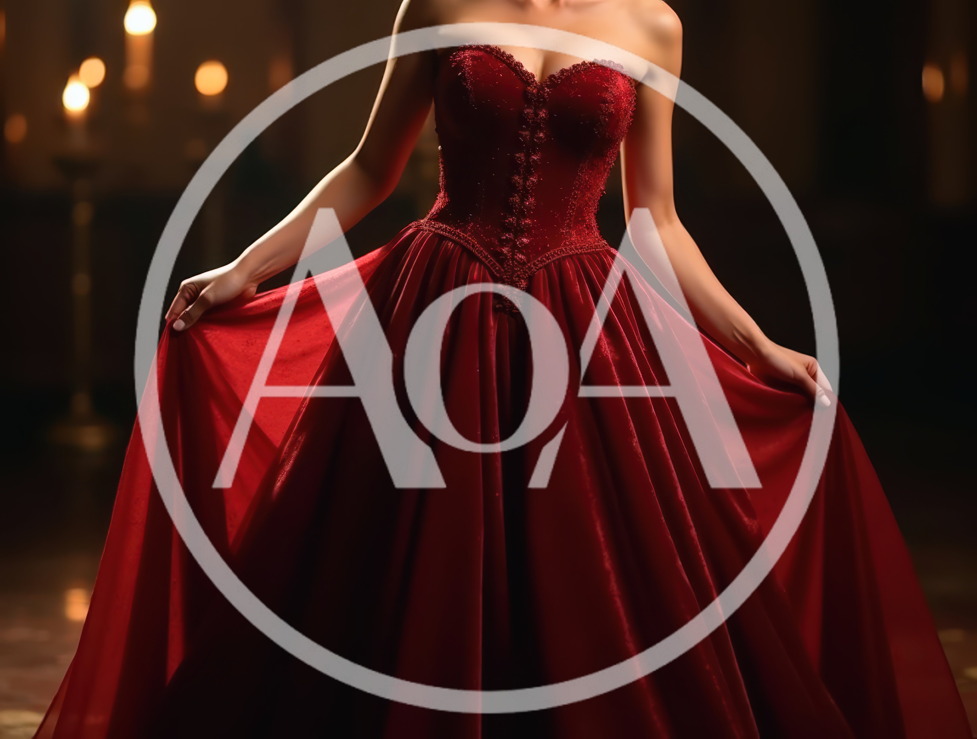 Woman In Elegant Red Velvet Ball Gown