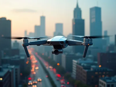 Modern Drone Flying Over A Busy City Highway