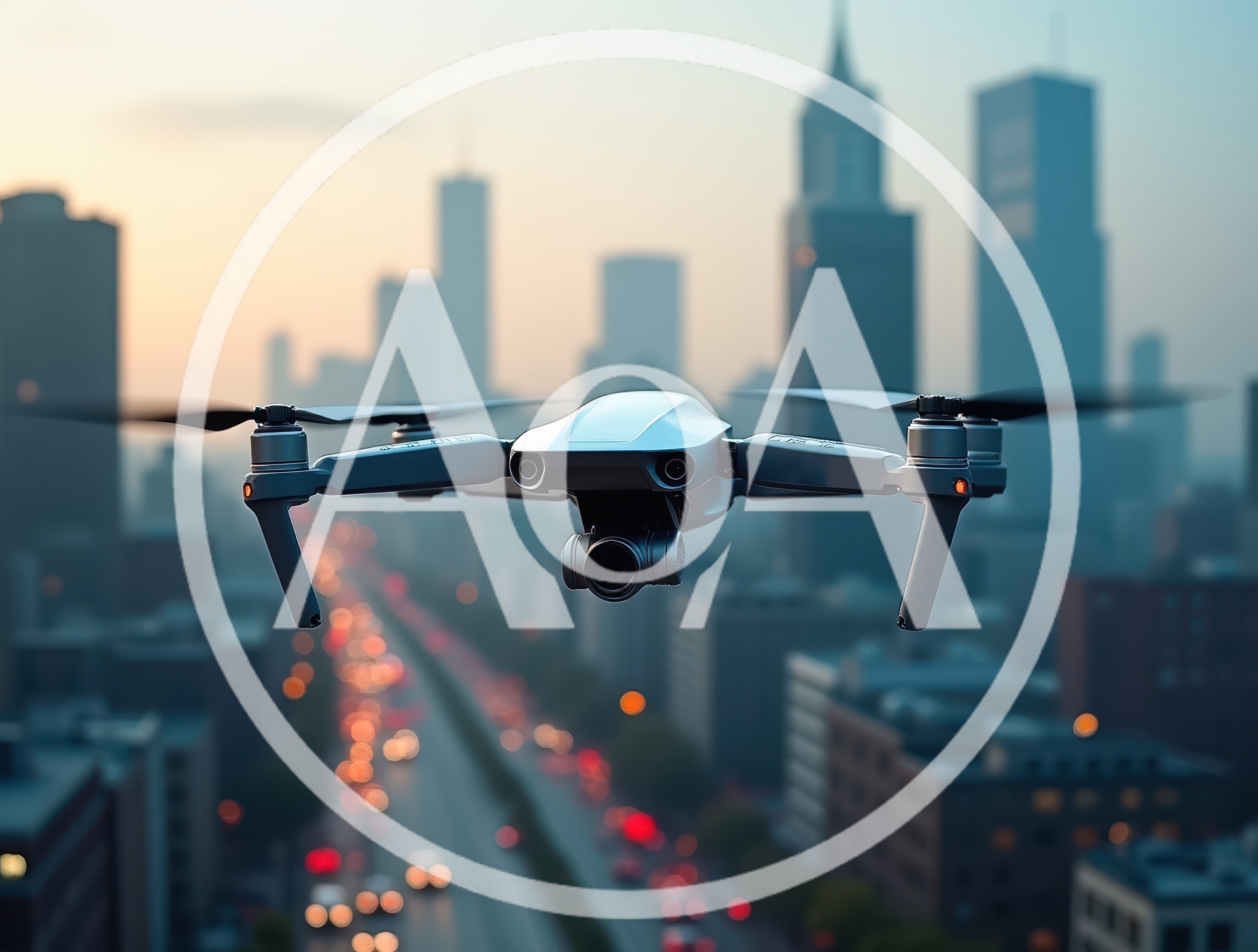 Modern Drone Flying Over A Busy City Highway