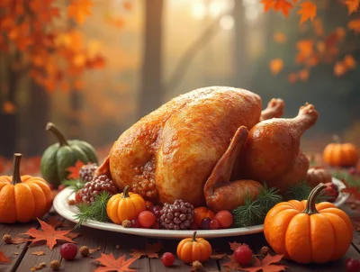 Roasted Thanksgiving Turkey With Pumpkins And Autumn Foliage