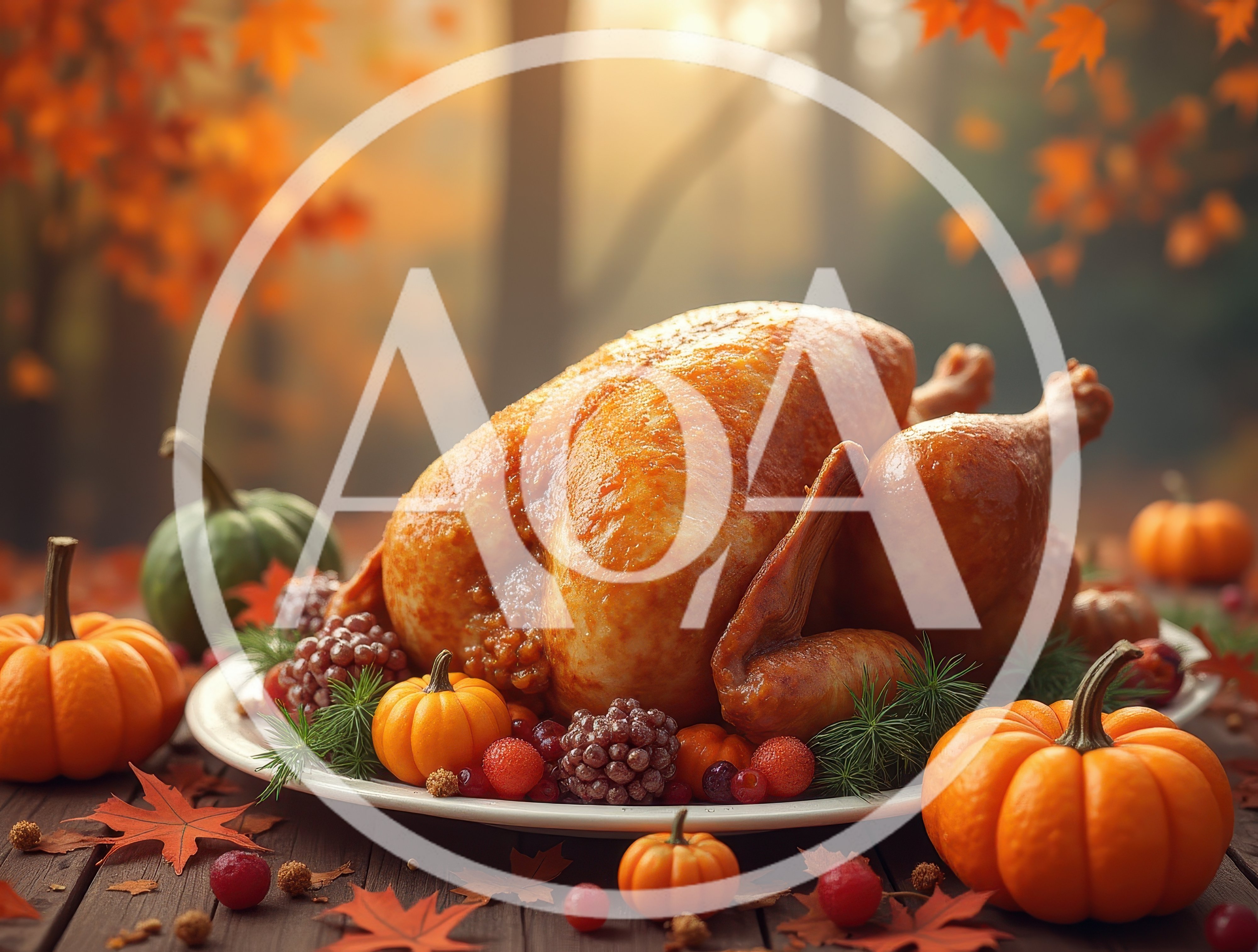 Roasted Thanksgiving Turkey With Pumpkins And Autumn Foliage