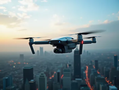 Professional Drone Flying Over A Modern City Skyline